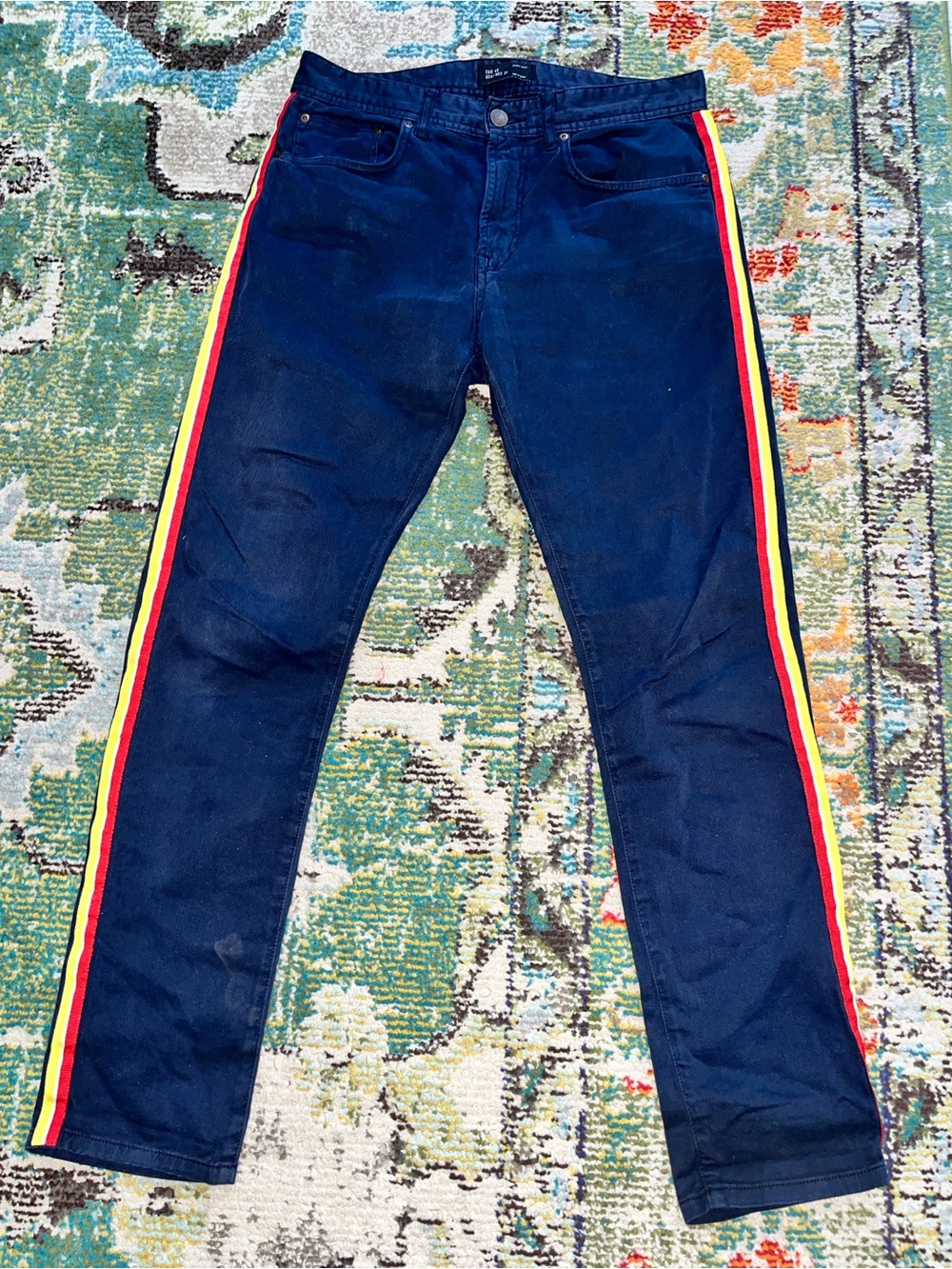 Men's Navy Jeans with Red & Yellow Side Stripes